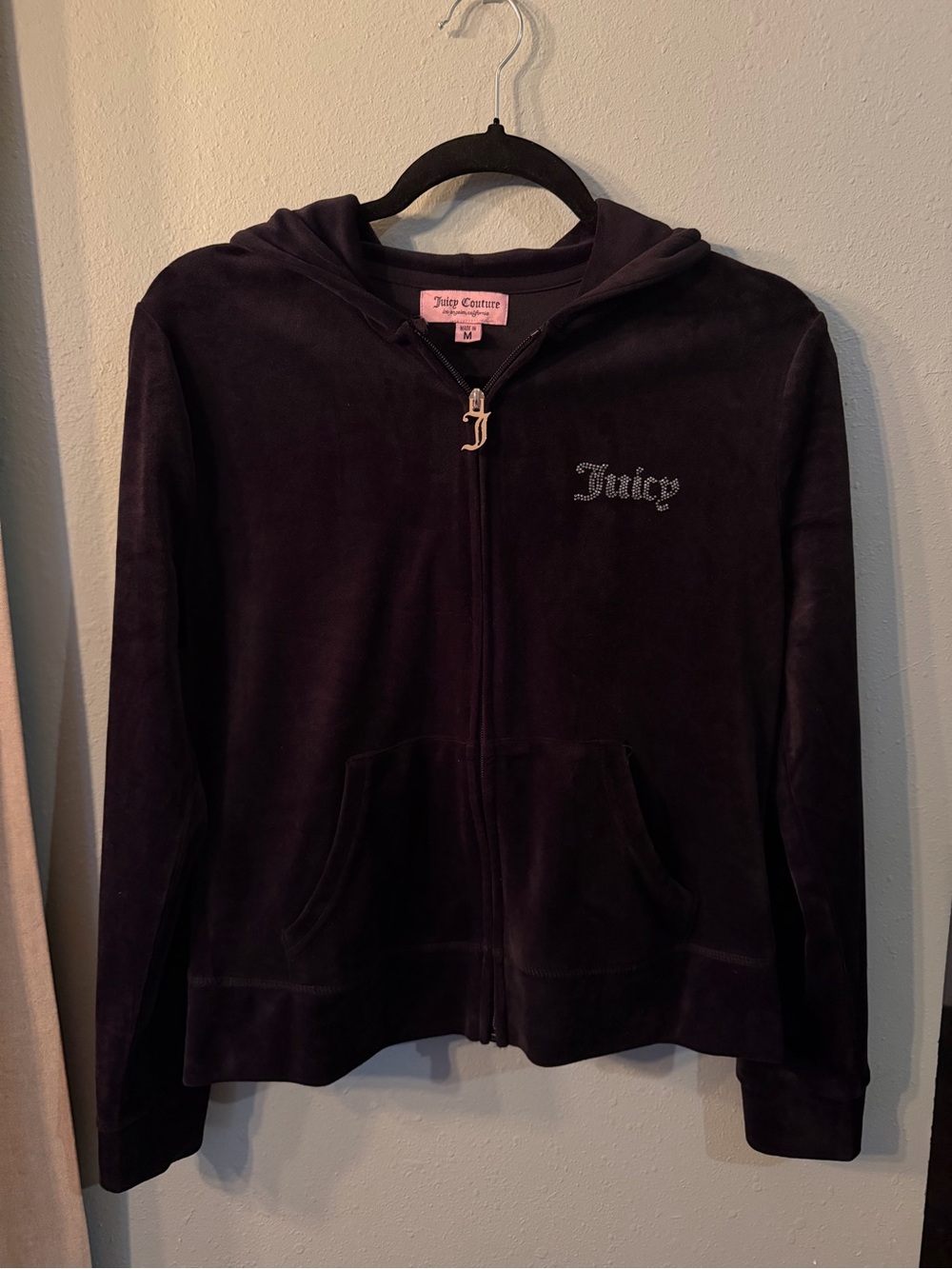 Juicy Couture Velour Zip Hoodie Jacket Rhinestone Logo Y2K Black Womans Medium